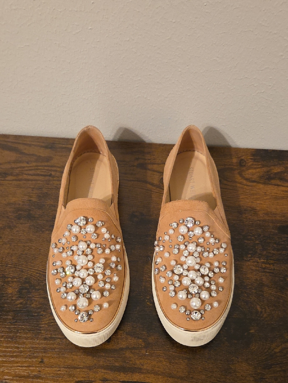 Stuart Weitzman Tan Crystal & Pearl Embellished Slip-On Loafers